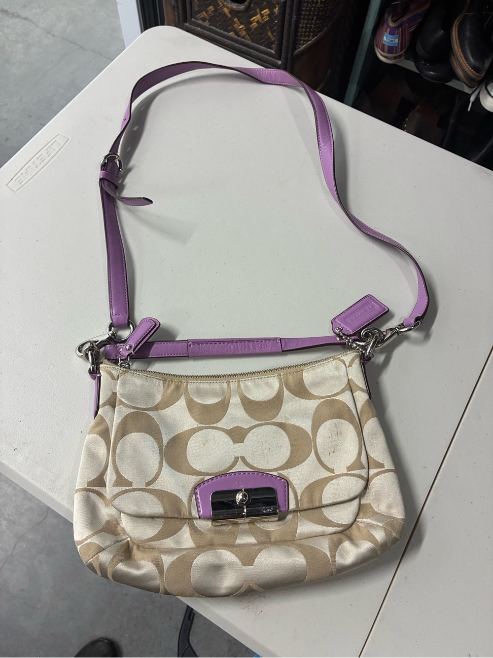 Coach Khaki/Chalk Signature Crossbody with Lavender Trim